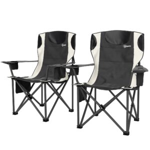 Sæt med 2 foldbare campingstole med armlæn, kopholder, nakkestøtte og køletaske, sort
